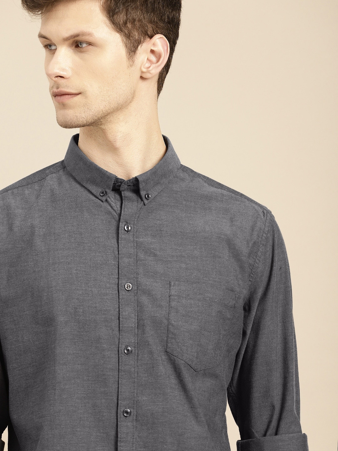 ether Men Grey Regular Fit Anti-Microbial Oxford Casual Shirt