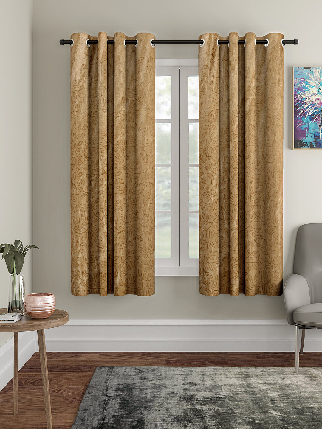 Cortina Set of 2 Bronze-Coloured Embossed Leaf Print Polyester Window Curtains