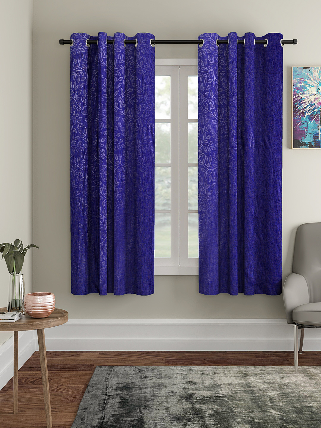 Cortina Navy Blue Set of 2 Embossed Leaf Print Window Curtains