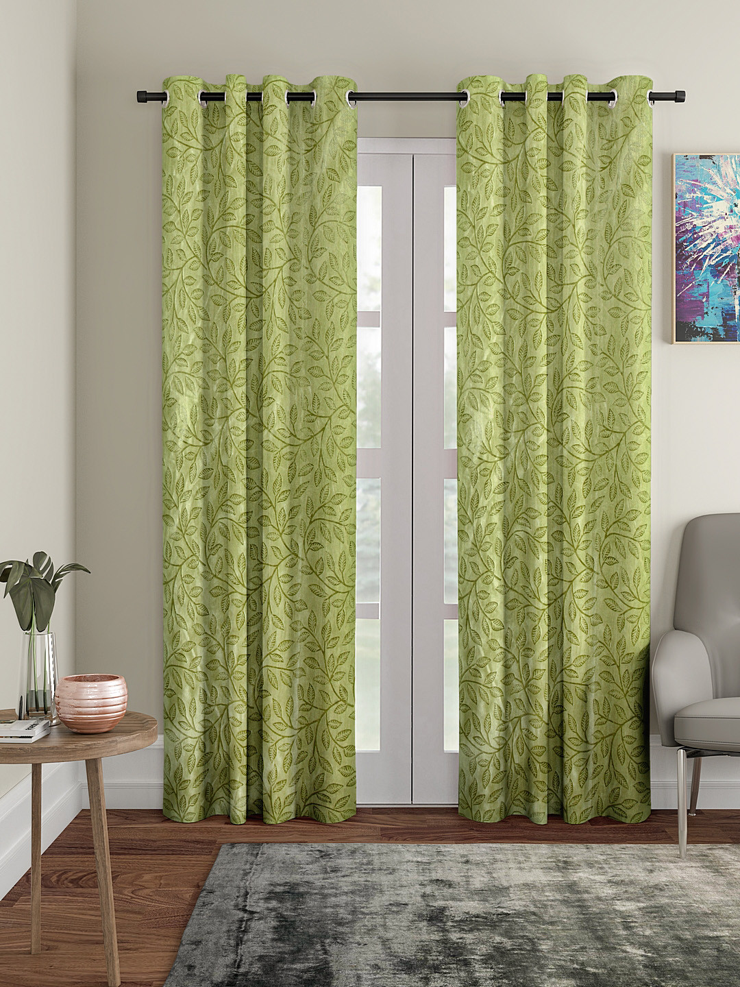Cortina Set of 2 Green Embossed Leaf Print Polyester Long Door Curtains