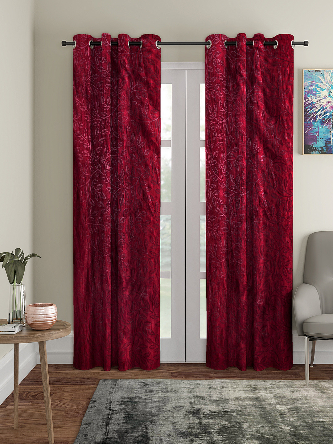 Cortina Maroon Set of 2 Embossed Leaf Print Long Door Curtains