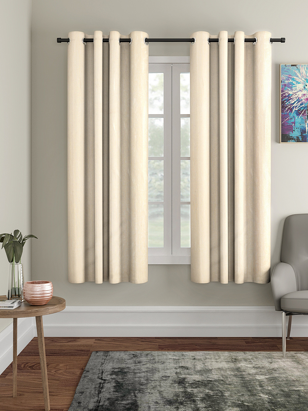 Cortina Set of 2 Beige Embossed Leaf Print Polyester Window Curtains