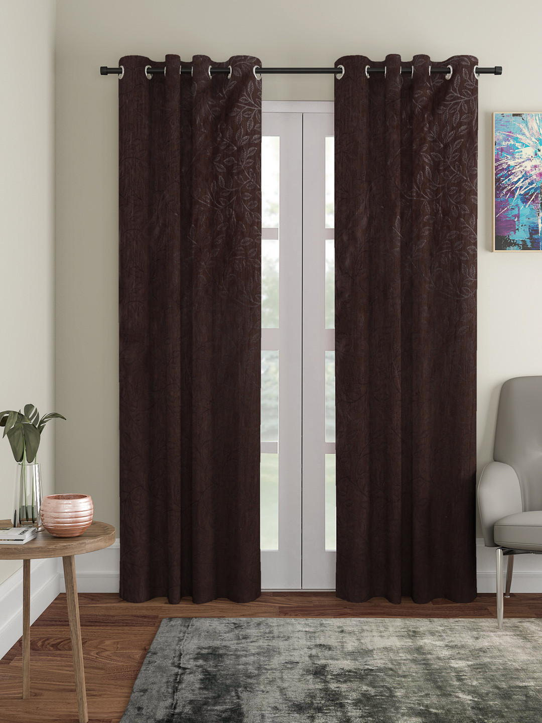 Cortina Coffee Brown Set of 2 Embossed Leaf Print Long Door Curtains