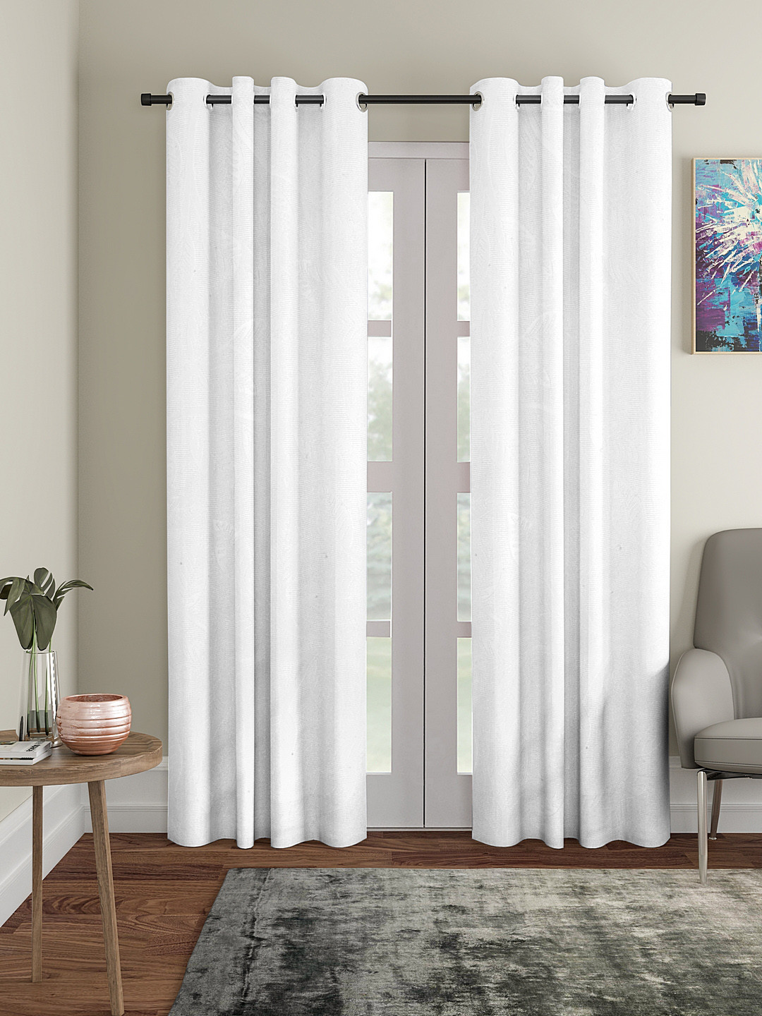 Cortina Set of 2 White Embossed Leaf Print Polyester Door Curtains