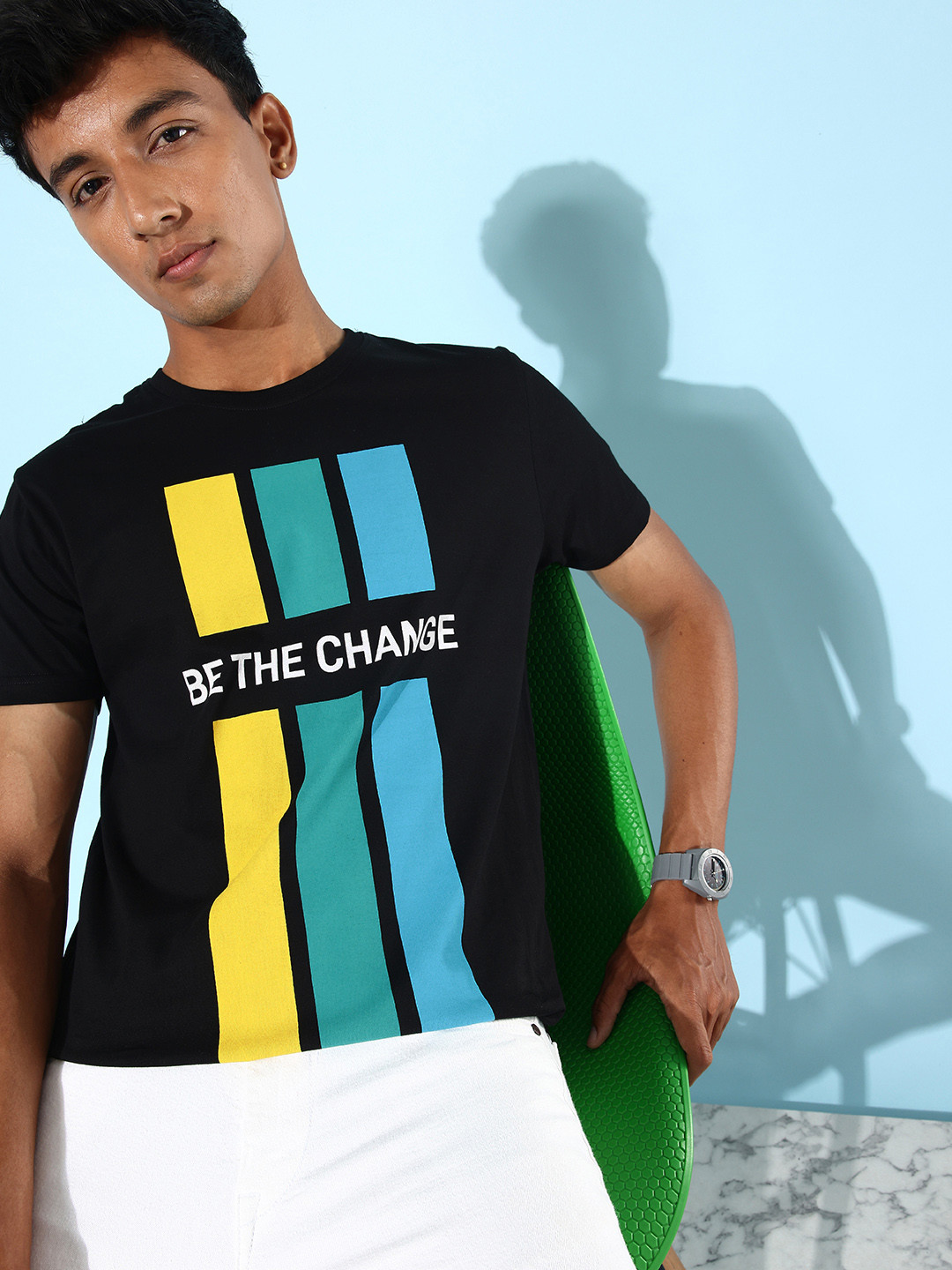 HERE&NOW Men Jet Black Typography Printed Pure Cotton Graphitee T-shirt