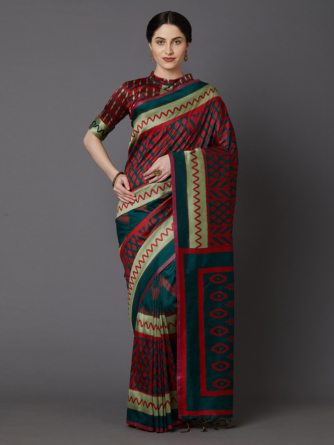 Mitera Red & Teal Green Silk Blend Printed Saree