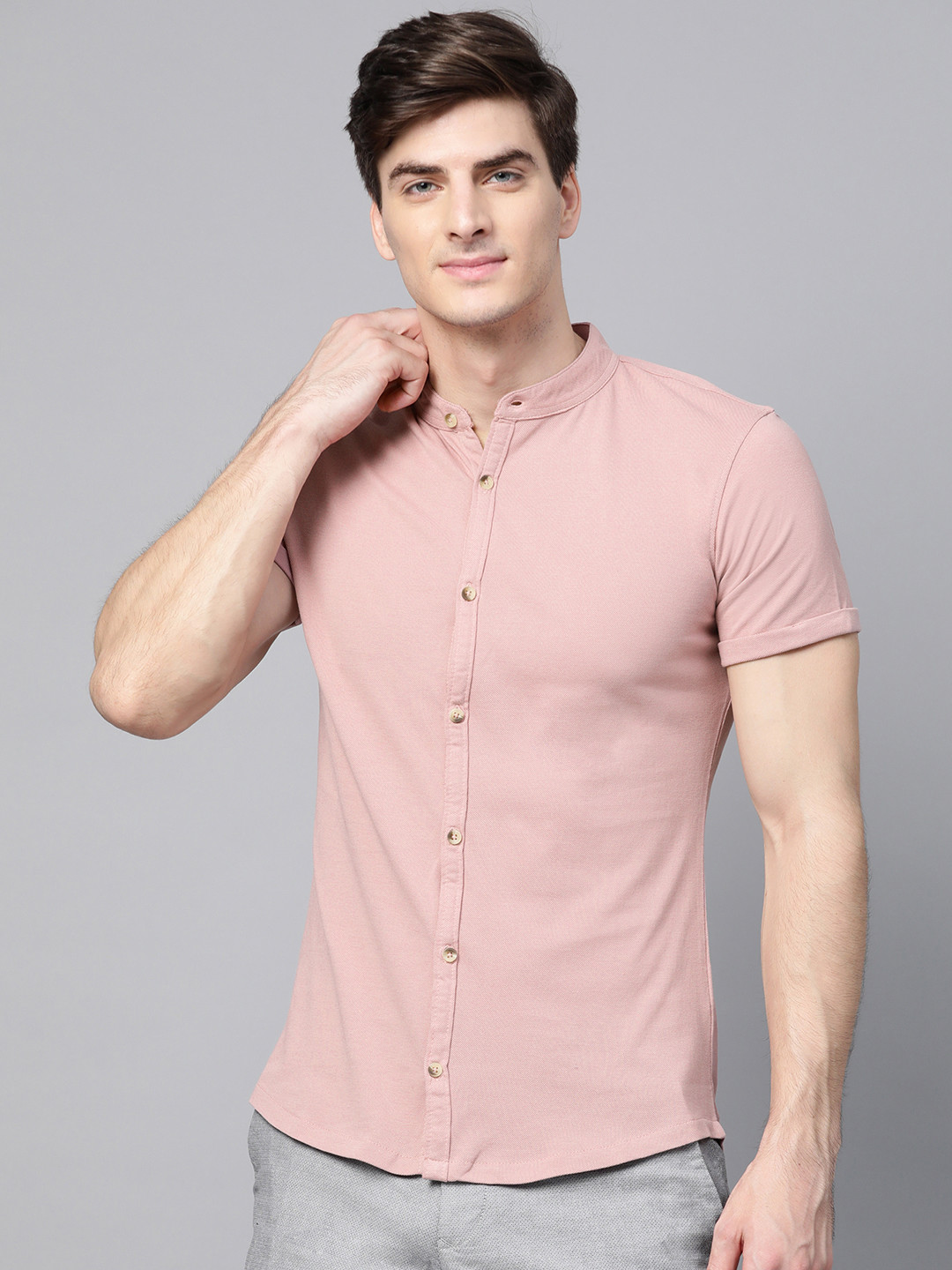 ManQ CASUAL Men Dusty Pink Slim Fit Knitted Casual Shirt