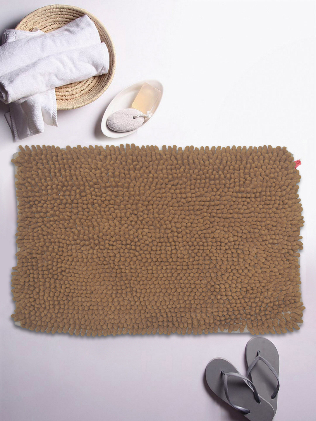 BIANCA Brown Solid Micro-Chenille Tufted Anti-Skid Bath Rug