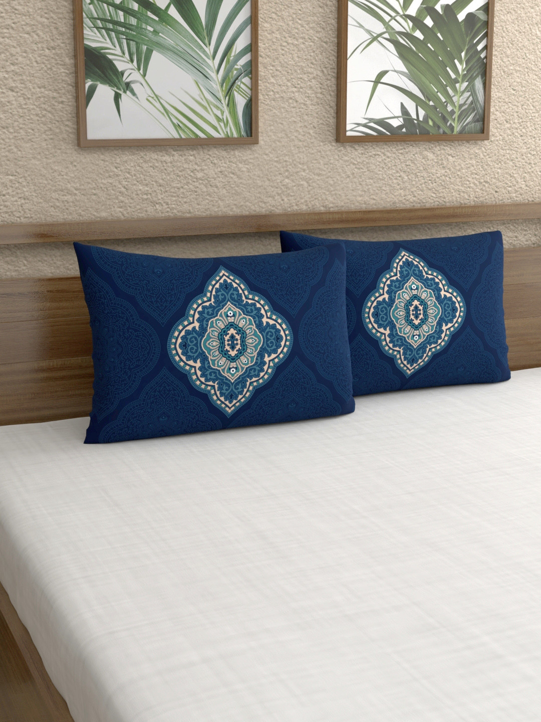 Dreamscape Set Of 2 Navy Blue Printed 144 TC Reversible Pillow Covers