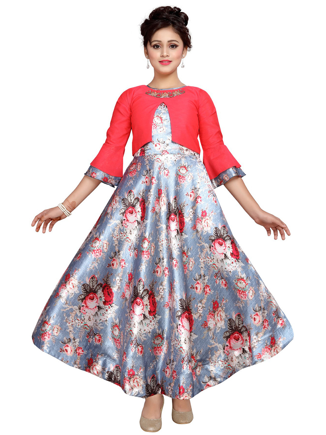 ADIVA Girls Red & Blue Printed Fit and Flare Dress