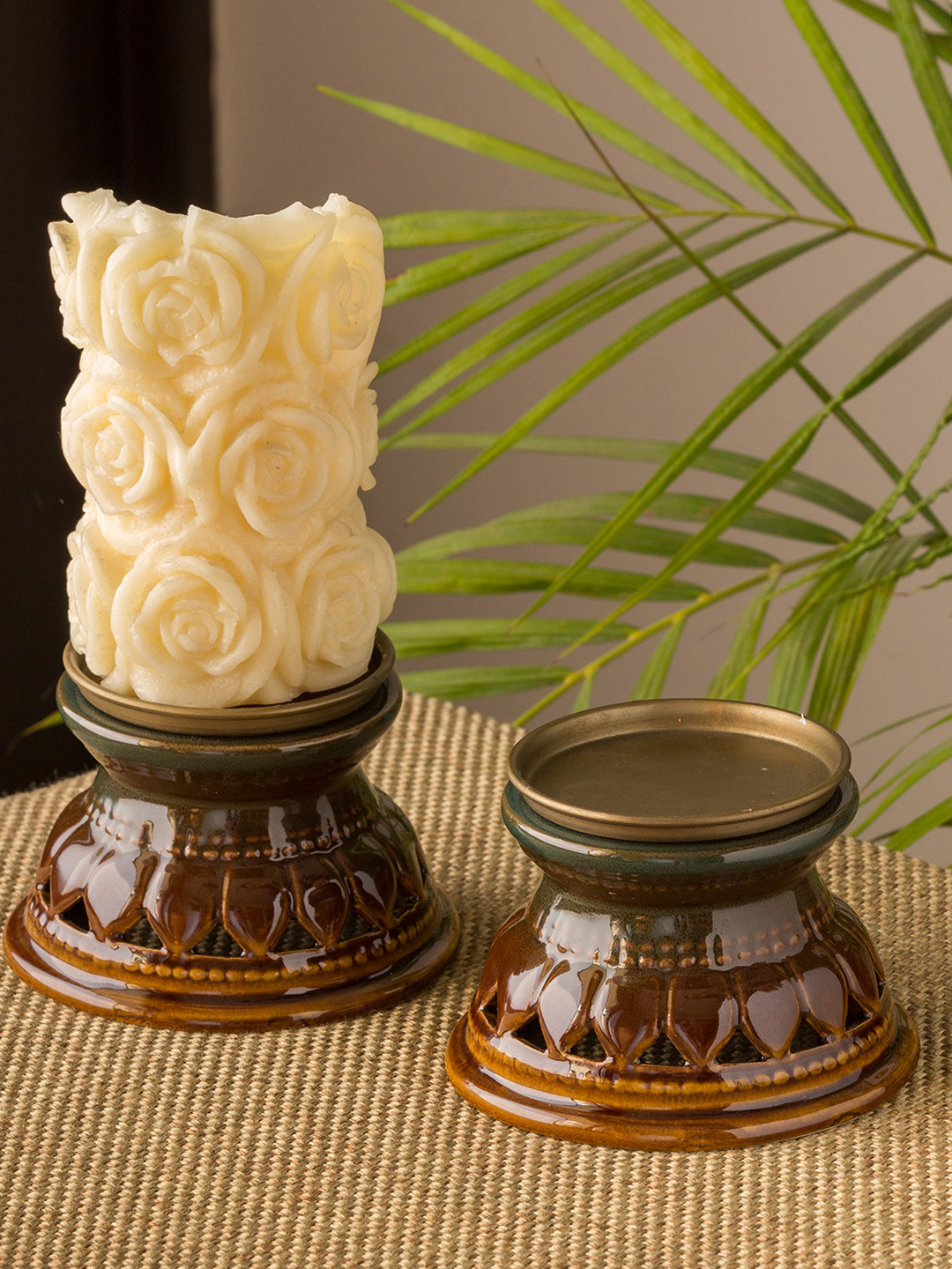 ExclusiveLane Set Of 2 Brown & Teal Green Ceramic Candle Holder