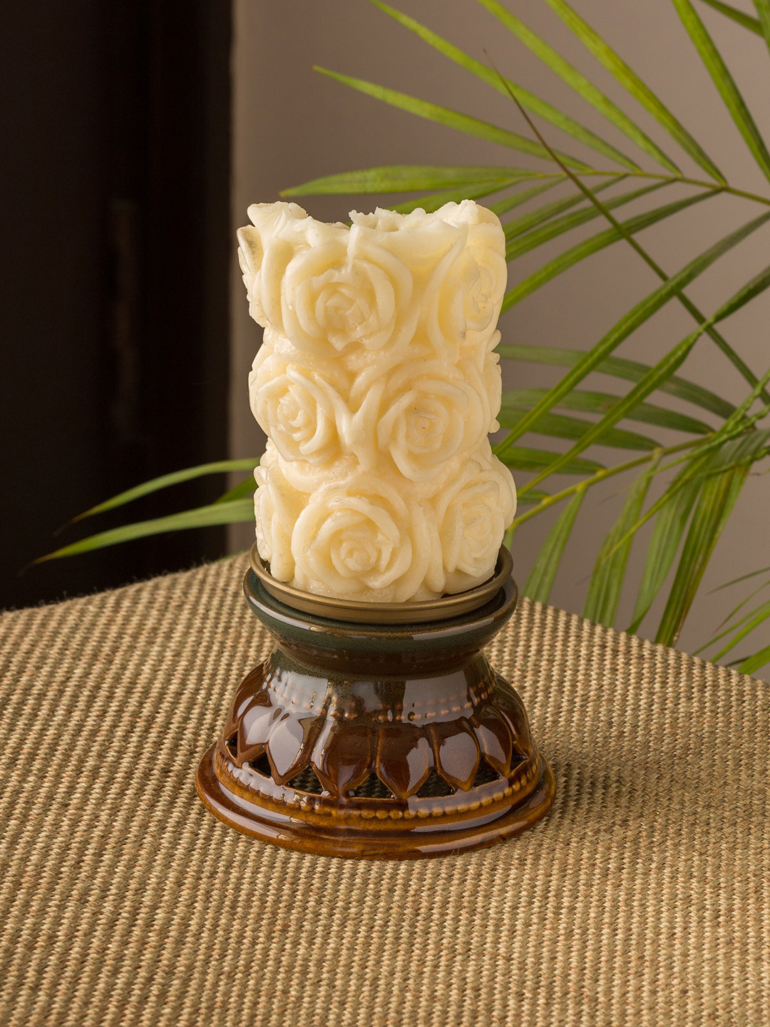 ExclusiveLane Brown & Teal Green Ceramic Candle Holder