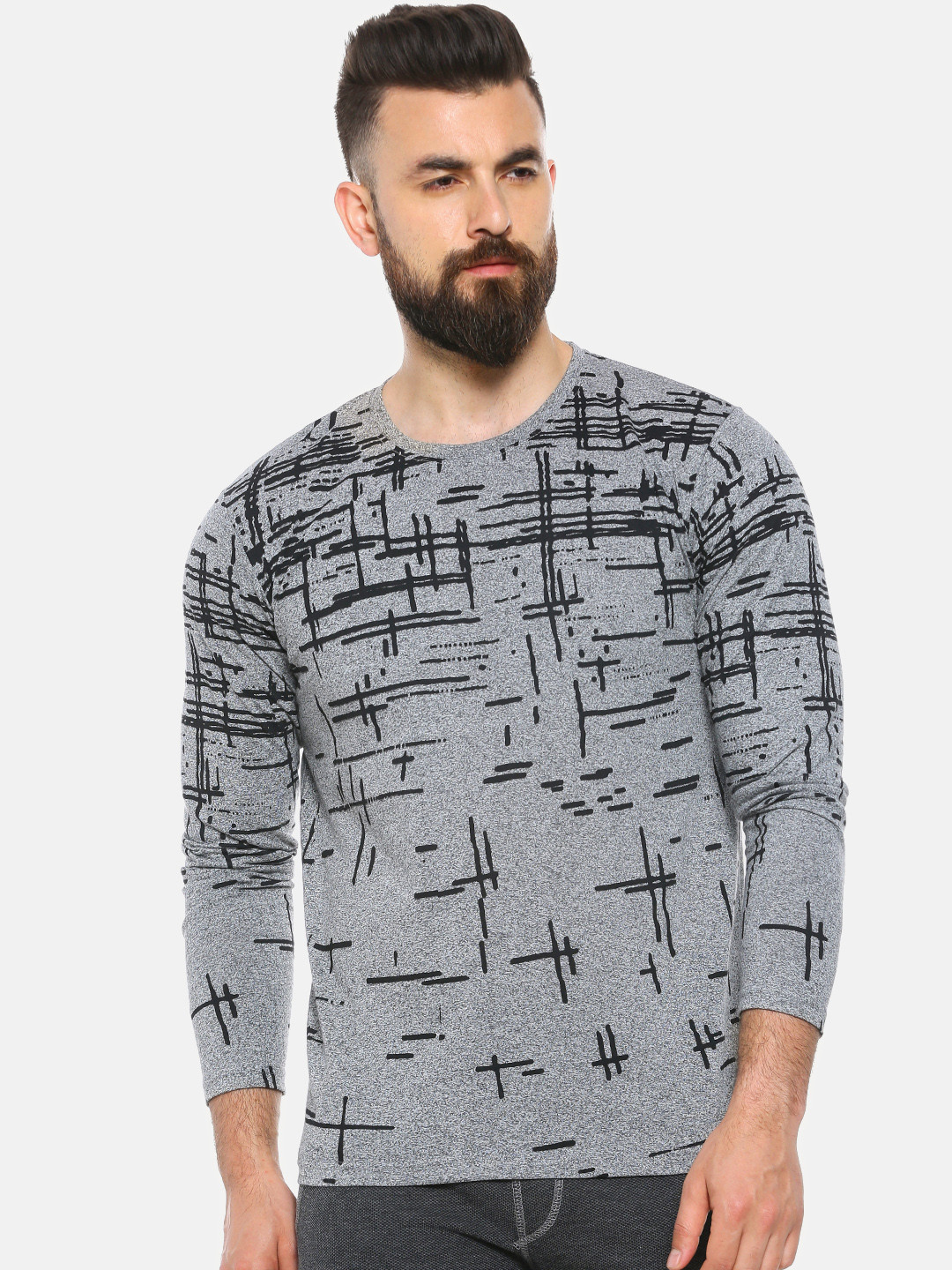 CAHOOT Men Grey & Black Printed Round Neck T-shirt