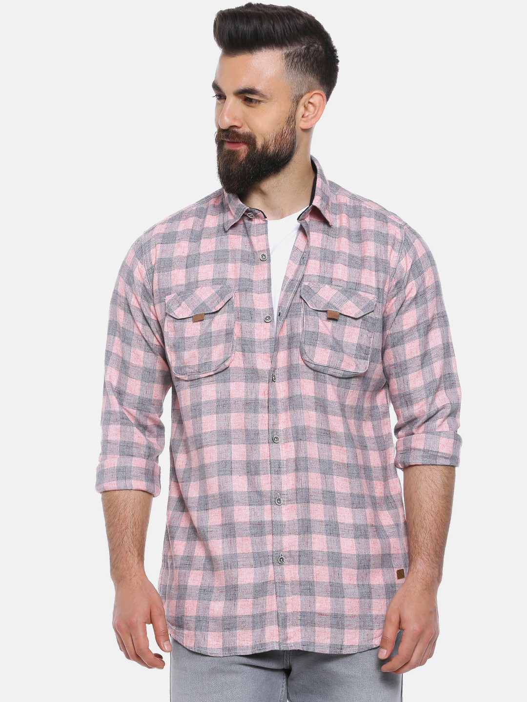 Campus Sutra Men Pink & Grey Regular Fit Checked Casual Shirt