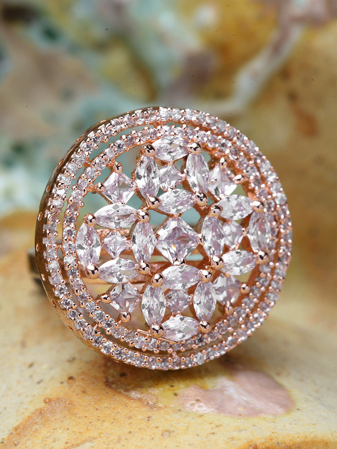 Bhana Fashion Rose Gold-Plated & White American Diamond Studded Circular Finger Ring