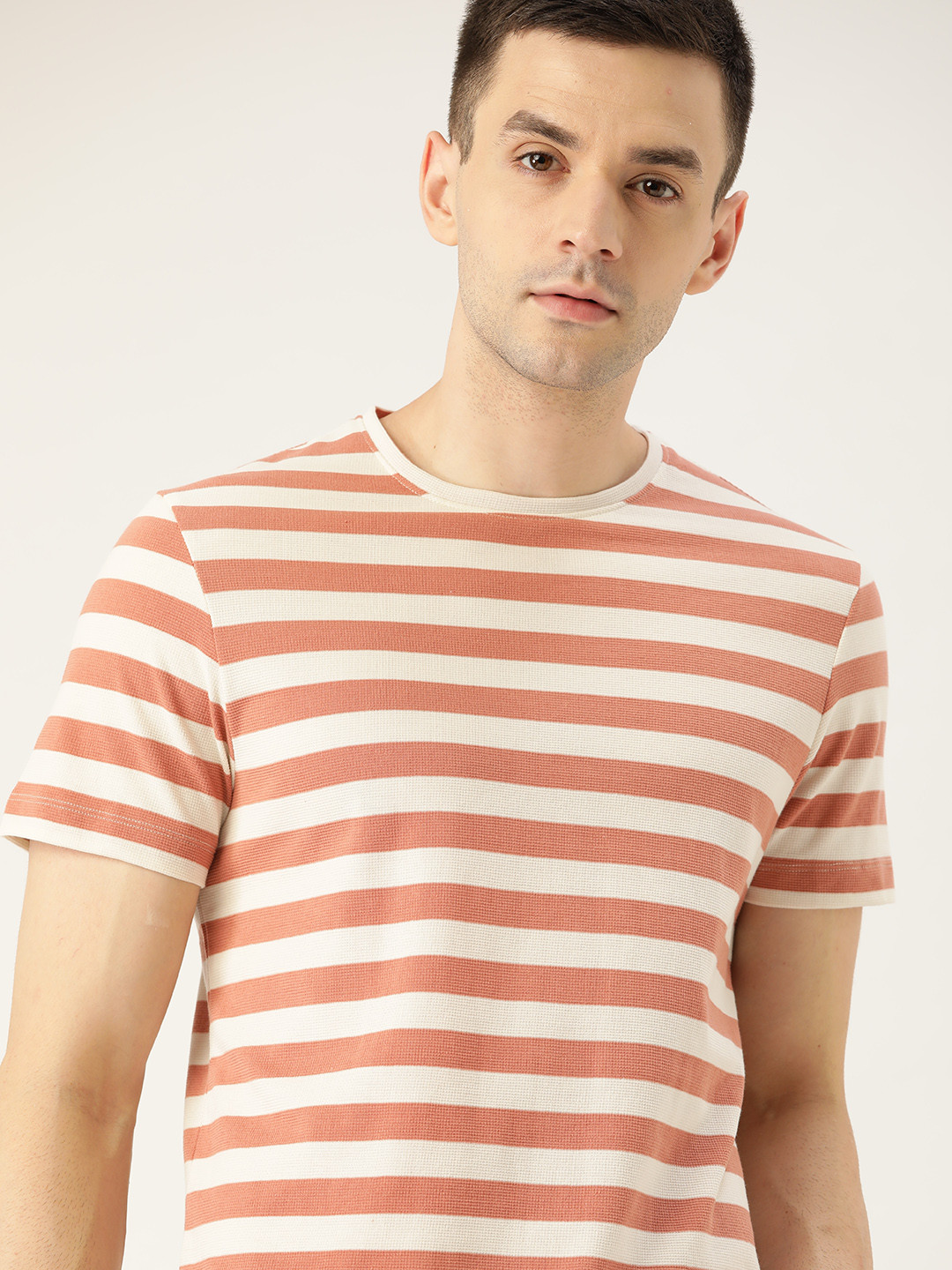 ether Men Dusty Pink & Off-White Striped Round Neck T-shirt