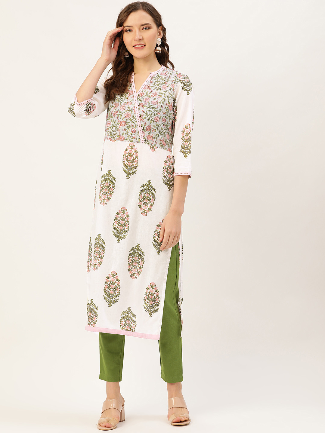 Jaipur Kurti Women White & Green Printed Kurta with Trousers