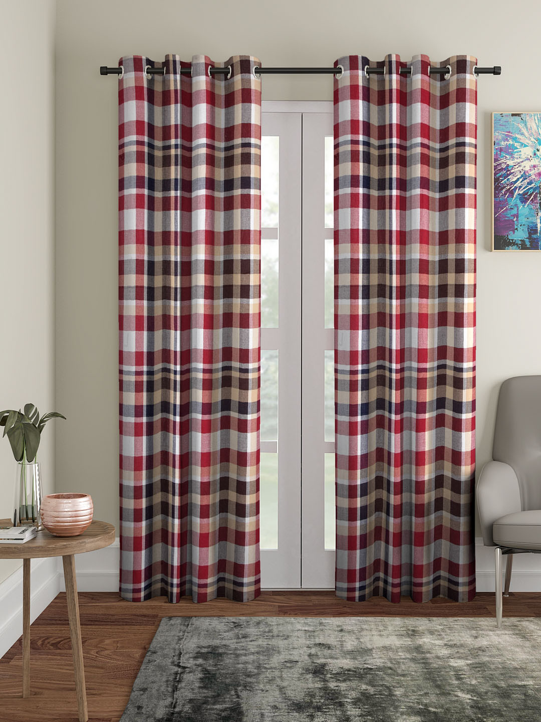 KLOTTHE Red & Off-White Set of 2 Jacquard Long Door Curtains