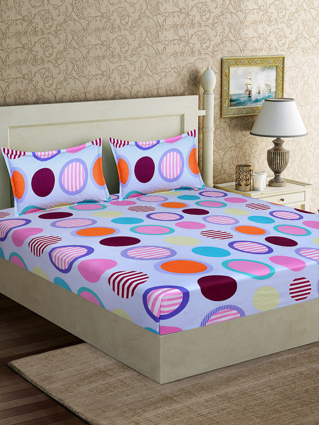 Good Homes by Home Candy Blue Geometric 152 TC Polyester 1 Queen Bedsheet with 2 Pillow Covers