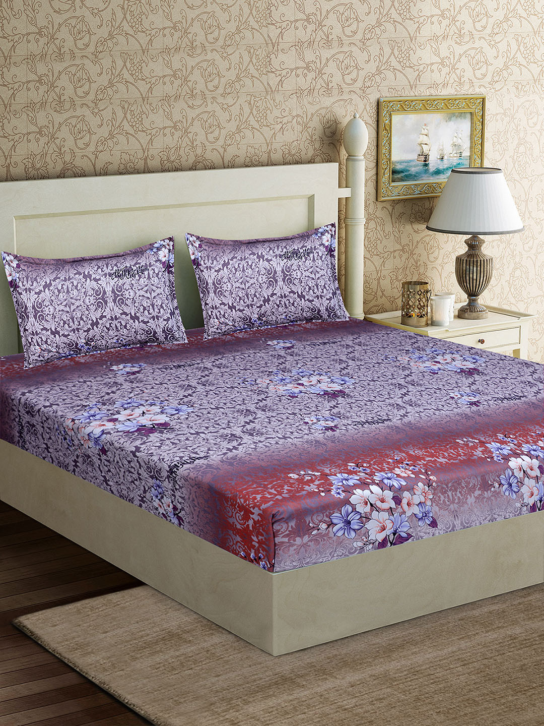 Good Homes by Home Candy Purple & Maroon Floral 152 TC Polyester 1 Queen Bedsheet with 2 Pillow Covers
