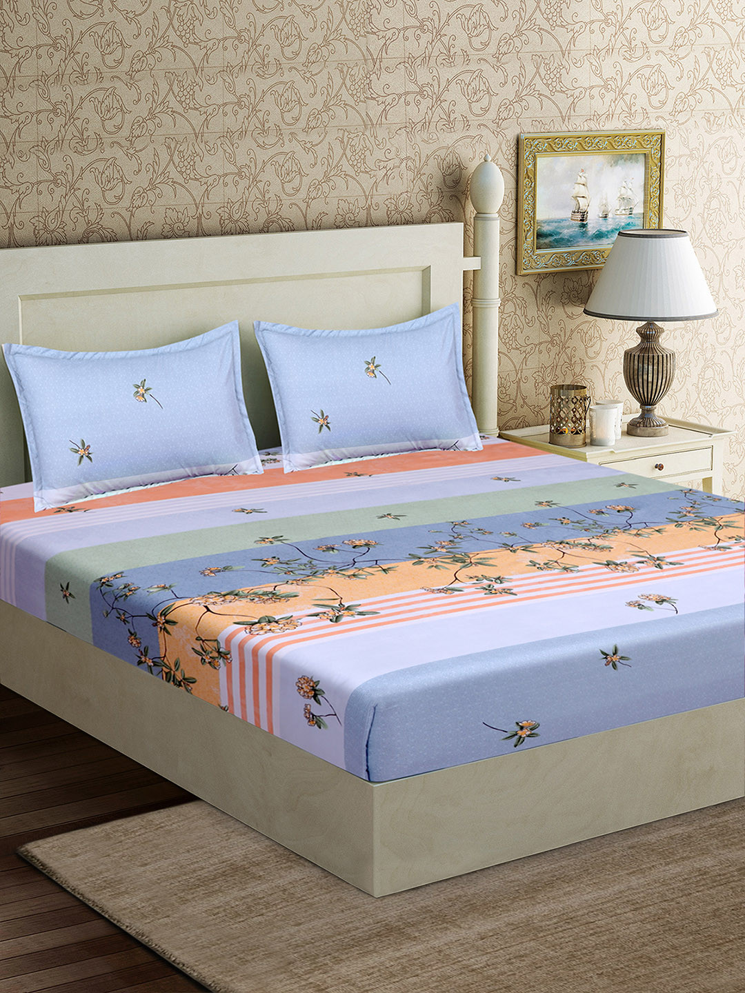 Good Homes by Home Candy Blue & Orange Striped 152 TC Polyester 1 Queen Bedsheet with 2 Pillow Covers