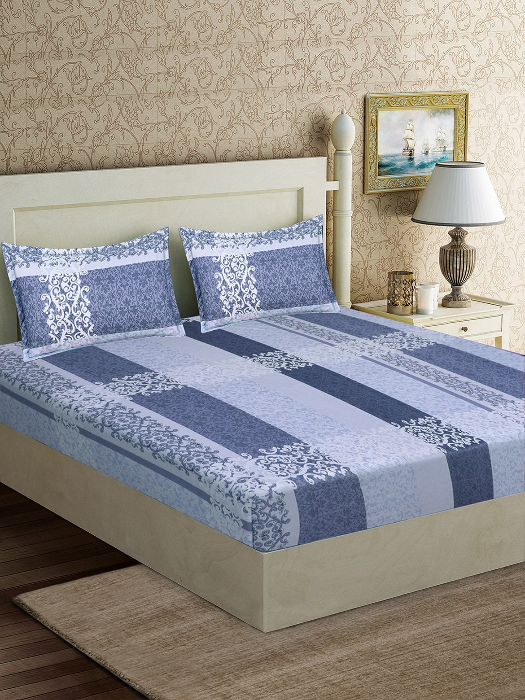 Good Homes by Home Candy Blue & White Ethnic Motifs 152 TC Polyester 1 Queen Bedsheet with 2 Pillow Covers