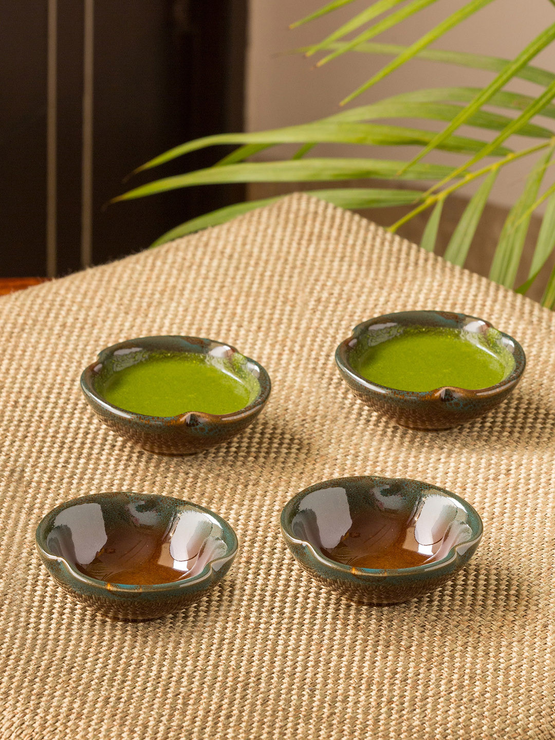 ExclusiveLane Set of 4 Pieces Amber & Teal Chutney Pickle Serveware Ceramic Dip Bowl Set