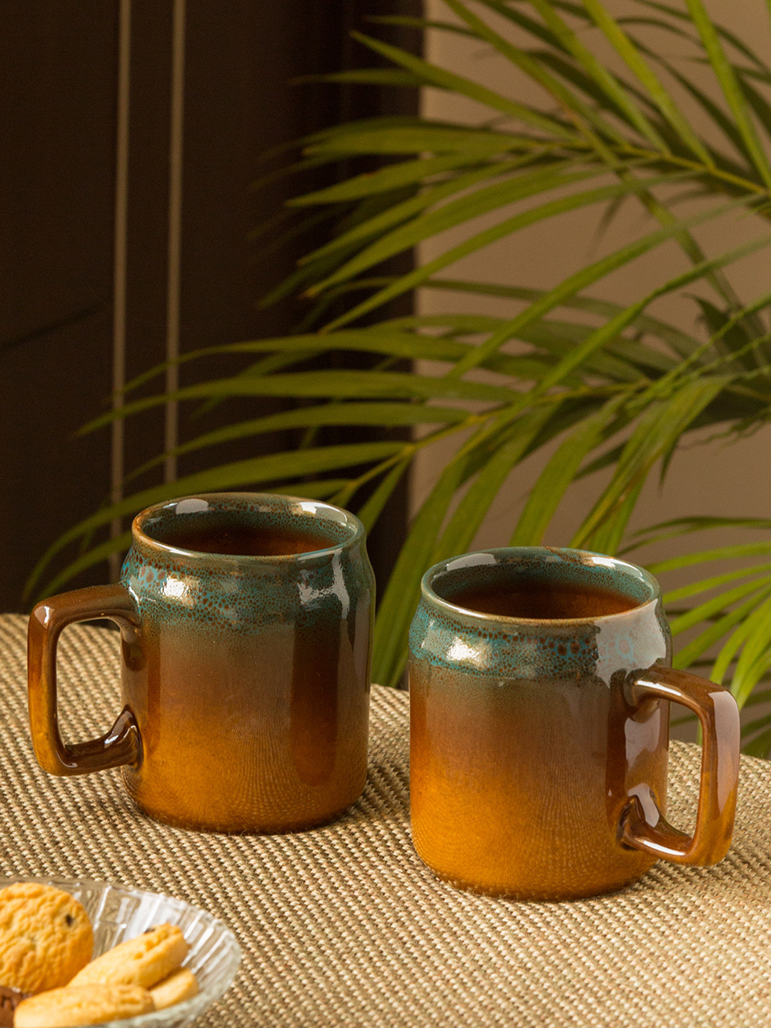 ExclusiveLane Set Of 2 Brown Teal Green Printed Ceramic Studio Pottery Mugs