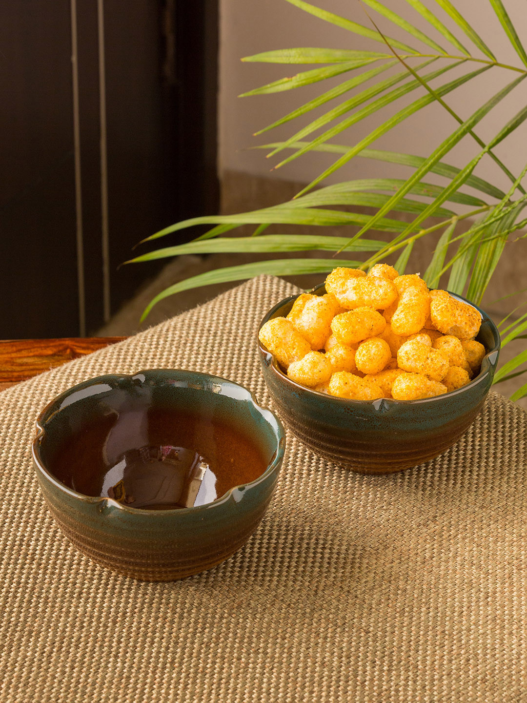ExclusiveLane Set Of 2 Amber & Teal Printed Ceramic Serving Bowls