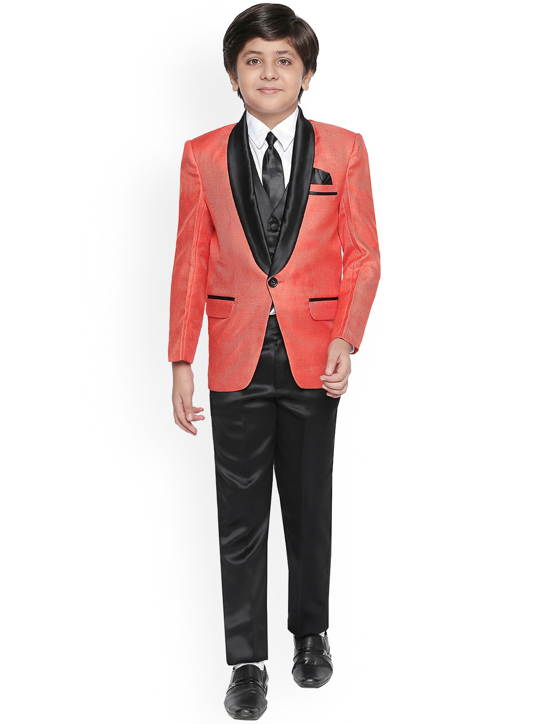 Jeetethnics Boys Orange & Black Solid Coat with Trousers