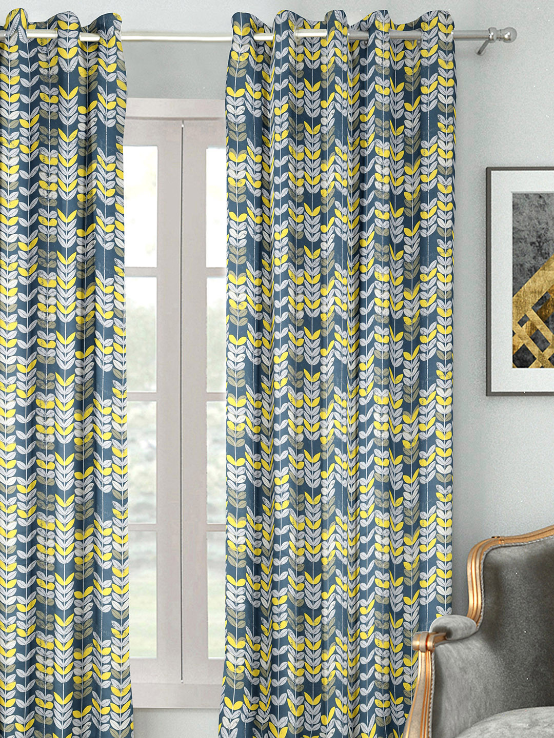 HOUZZCODE Grey & Blue Printed Single Window Curtain