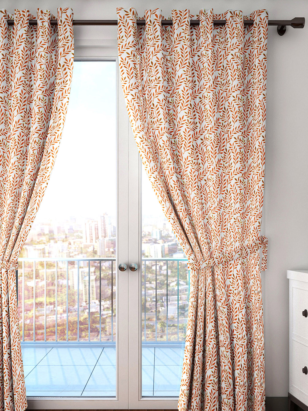 HOUZZCODE Off-White & Orange Printed Single Door Curtain