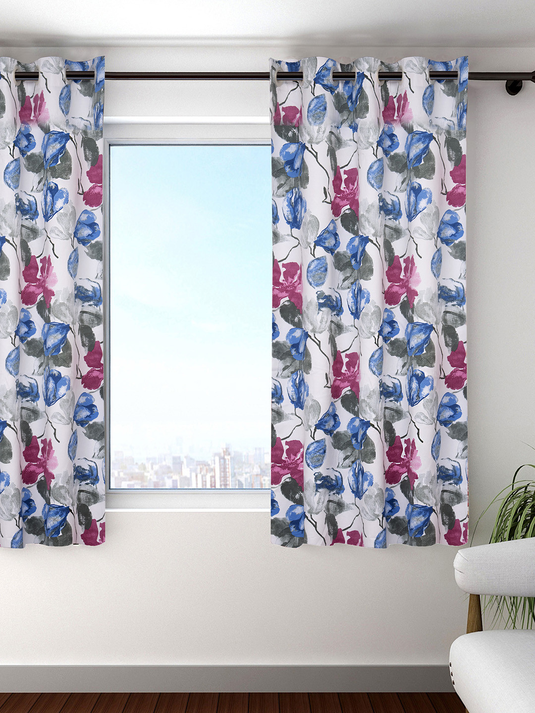 HOUZZCODE Off-White & Blue Printed Single Window Curtain