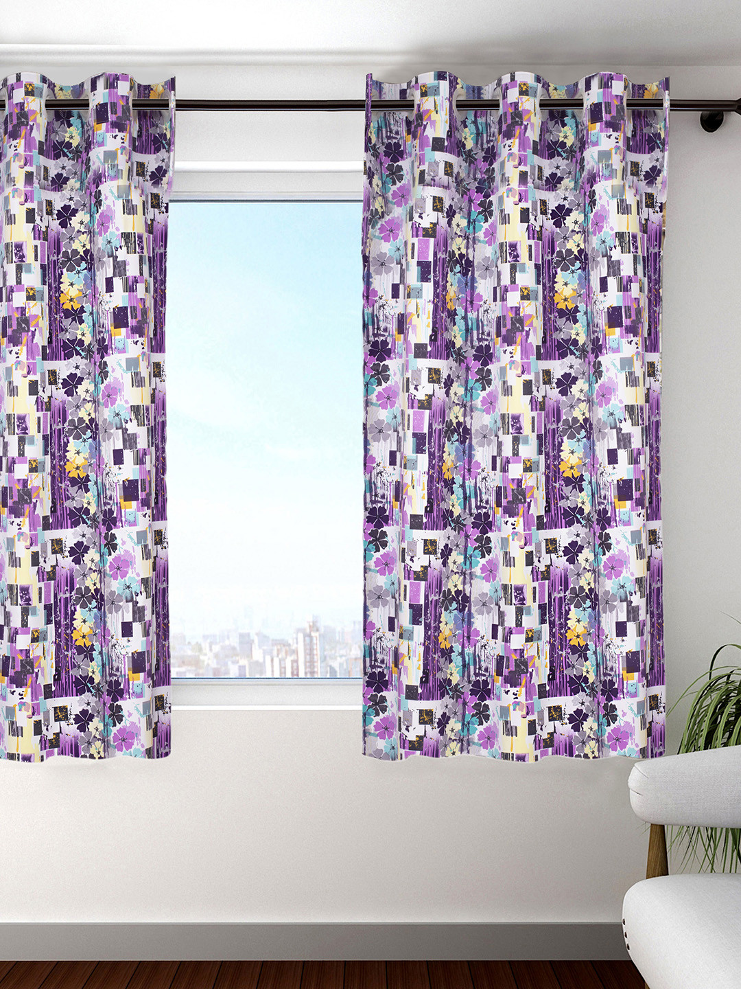 HOUZZCODE Purple & Off-White Printed Single Window Curtain