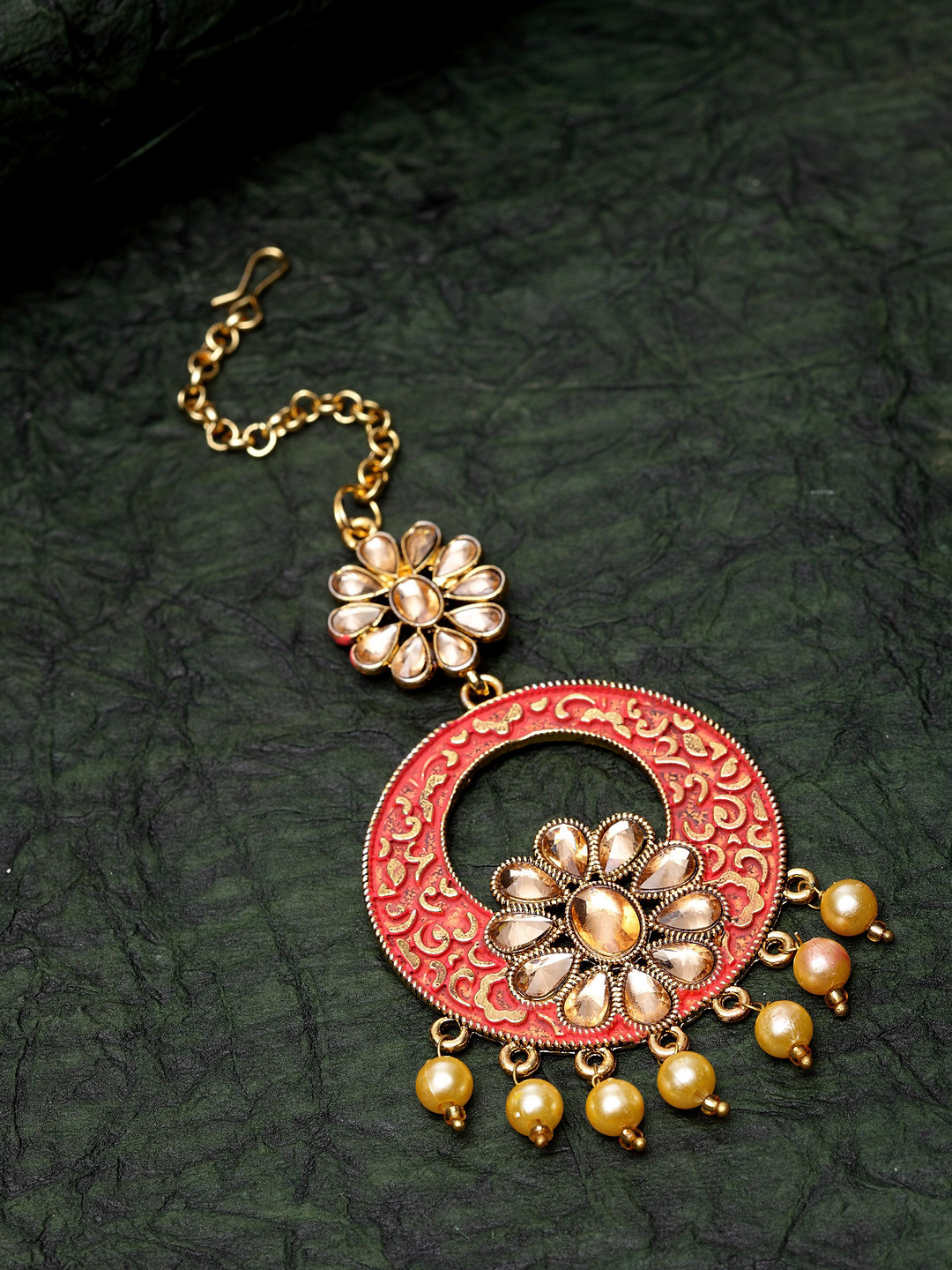 ANIKAS CREATION Gold-Plated & Coral Red Stone Studded Enameled Hand Painted Maang Tikka