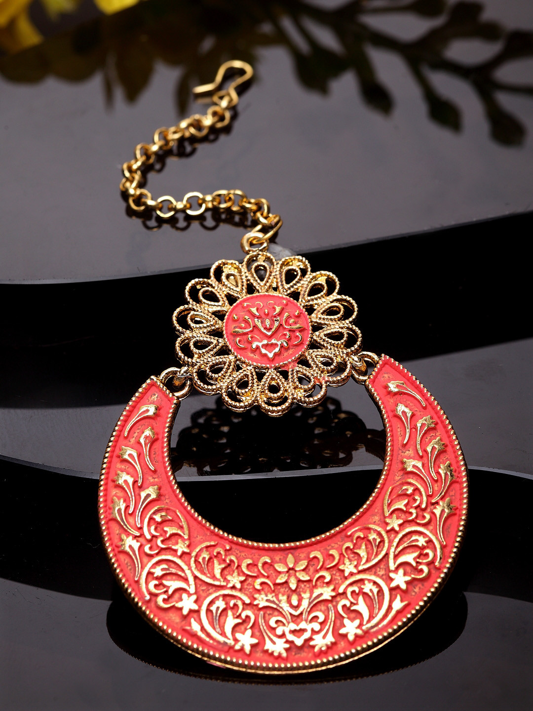 ANIKAS CREATION Gold-Plated & Pink Enameled Hand Painted Traditional Maang Tikka