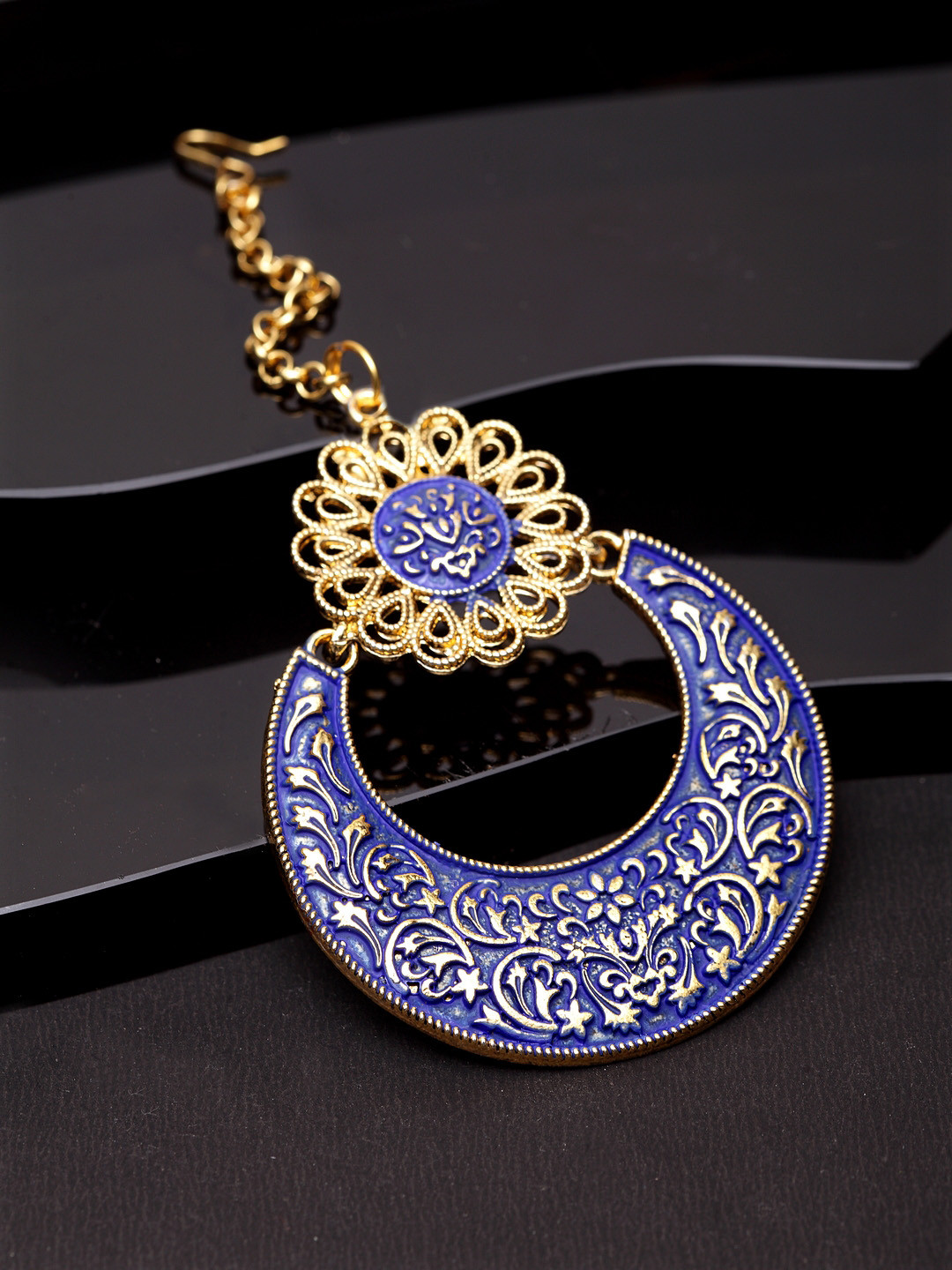 ANIKAS CREATION Gold-Plated & Blue Enameled Hand Painted Traditional Maang Tikka