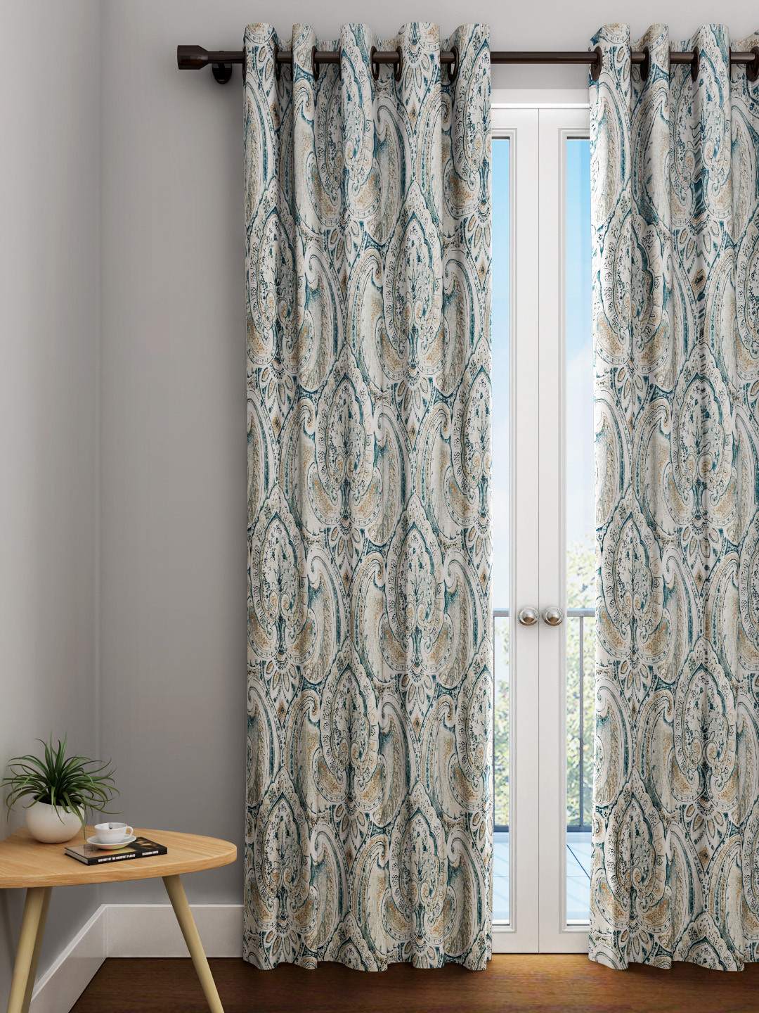 URBAN DREAM Off-White & Teal Green Ethnic Motifs Single Door Curtain