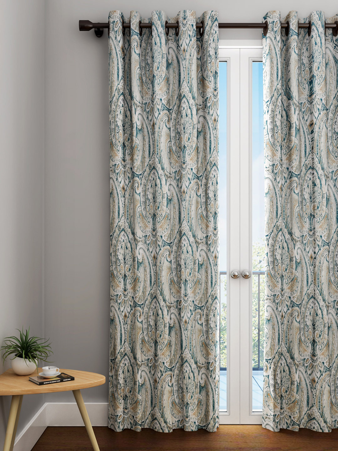URBAN DREAM Off-White & Teal Green Ethnic Motifs Single Long Door Curtain