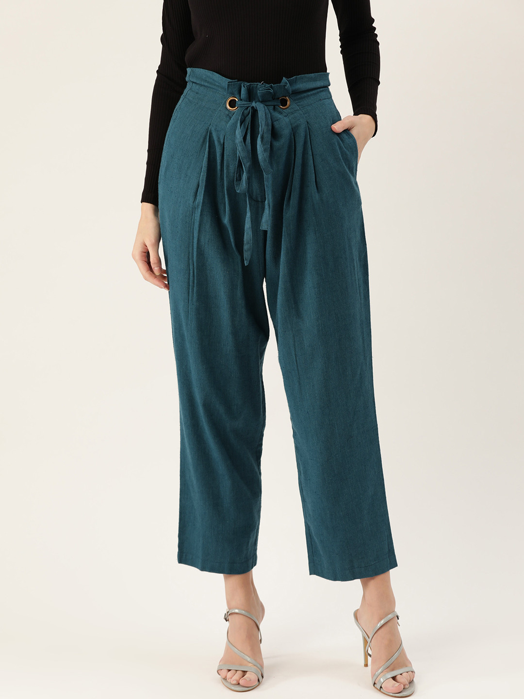 QUIERO Women Teal Blue Loose Fit Solid Regular Cropped Trousers