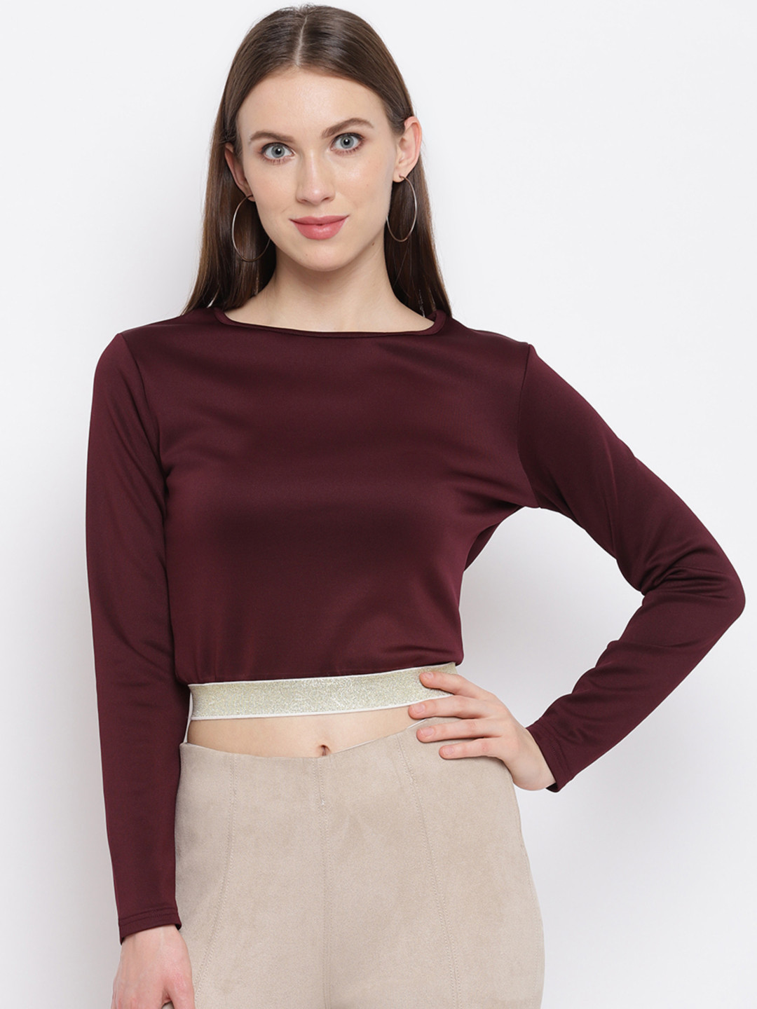 RIVI Women Maroon Solid Crop Top With Embellishment