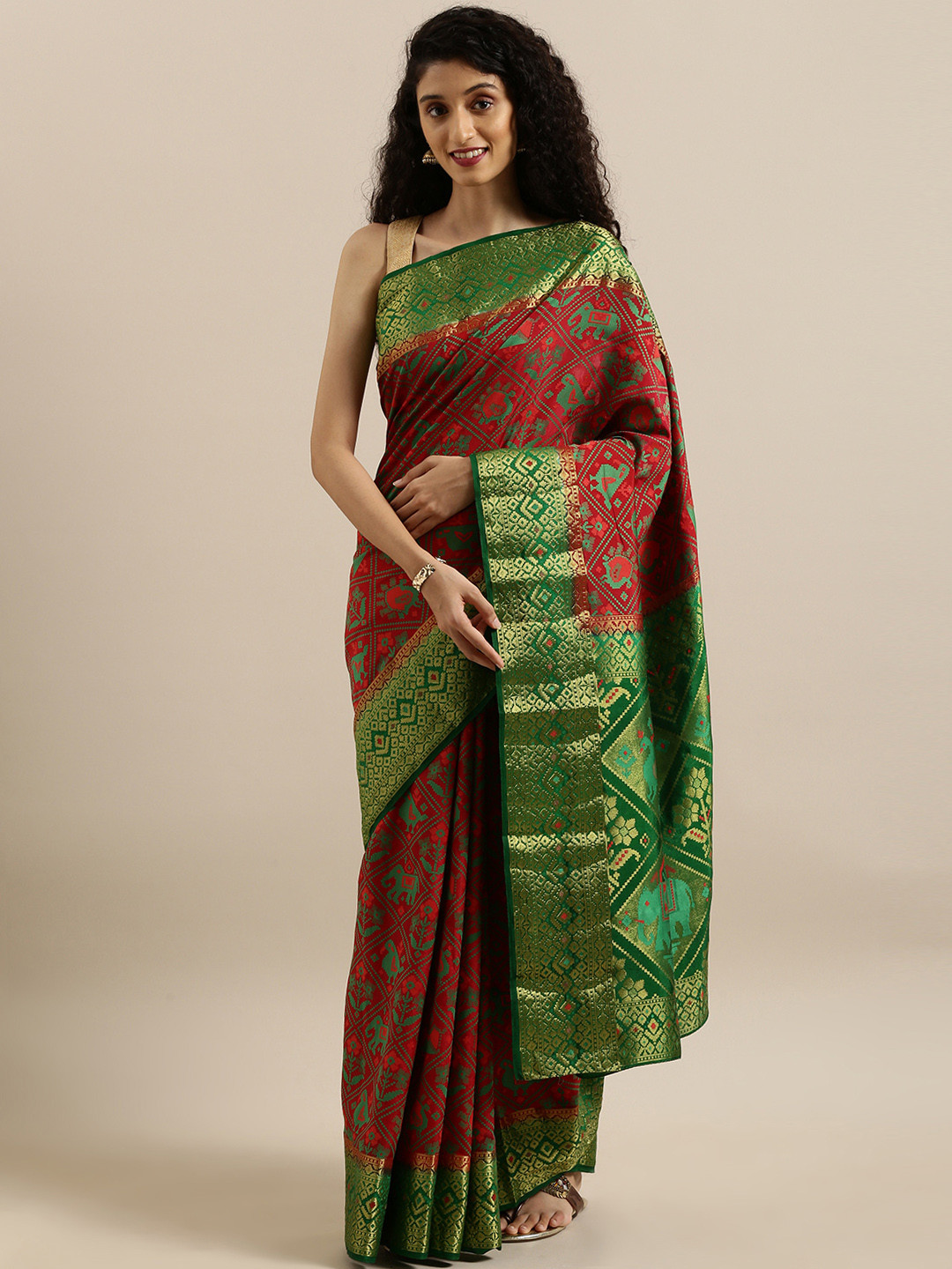 MIMOSA Red & Green Art Silk Woven Design Patola Saree