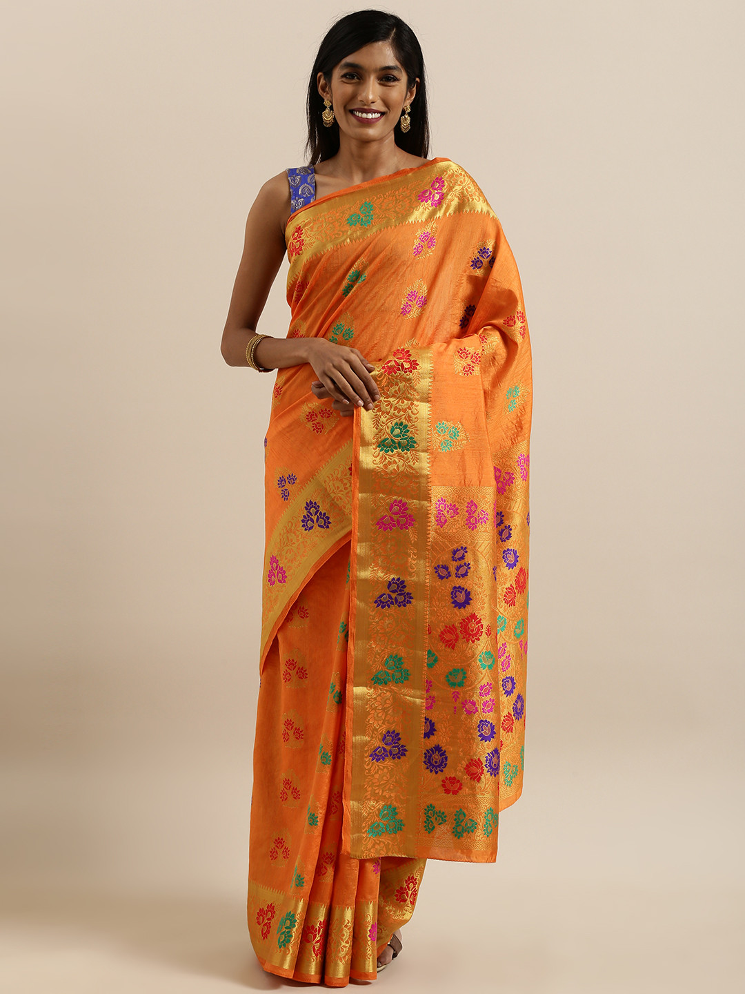 MIMOSA Orange Art Silk Embroidered Dharmavaram Saree