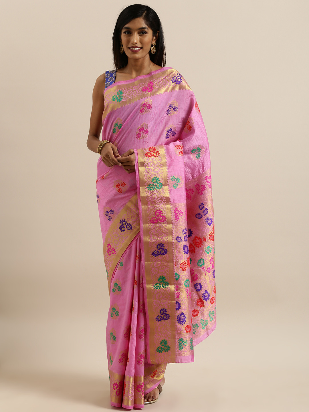 MIMOSA Pink & Red Art Silk Woven Design Dharmavaram Saree