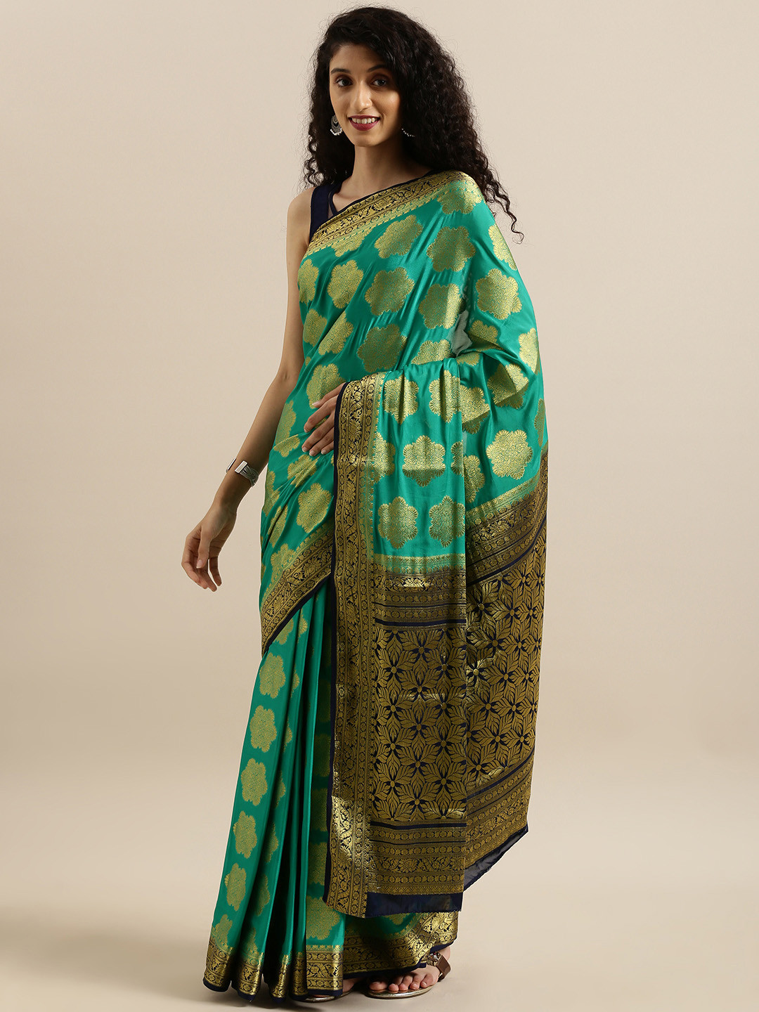 MIMOSA Green & Navy Blue Poly Crepe Woven Design Mysore Silk Saree