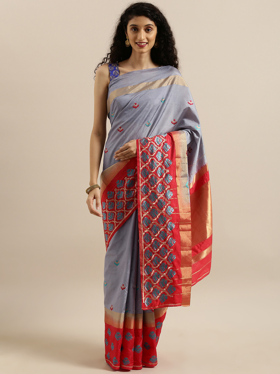 MIMOSA Grey Art Silk Embroidered Kanjeevaram Saree