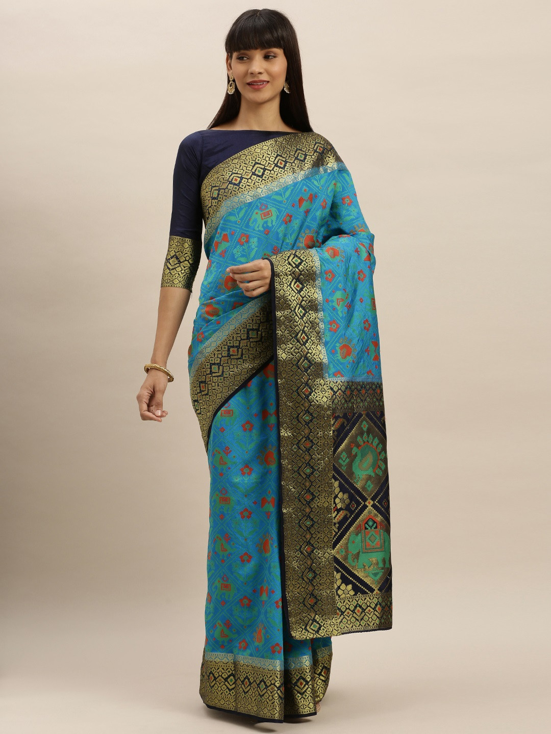 MIMOSA Blue & Gold-Toned Art Silk Embellished Patola Saree
