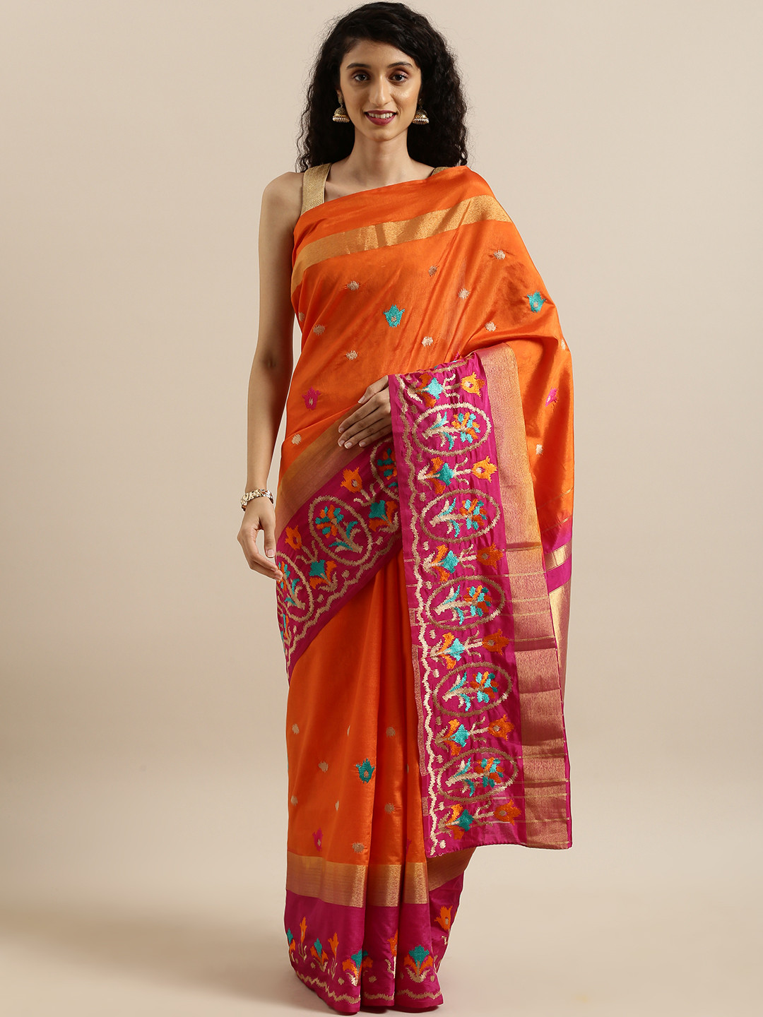 MIMOSA Orange & Pink Art Silk Embroidered Kanjeevaram Saree