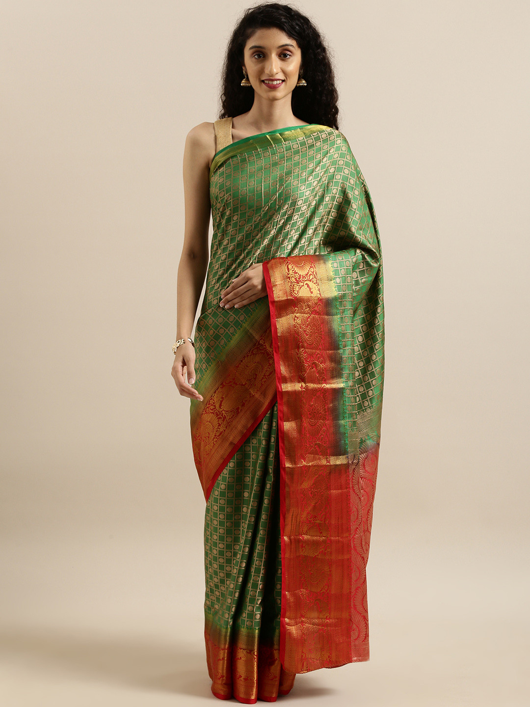 MIMOSA Green & Red Art Silk Embellished Kanjeevaram Saree