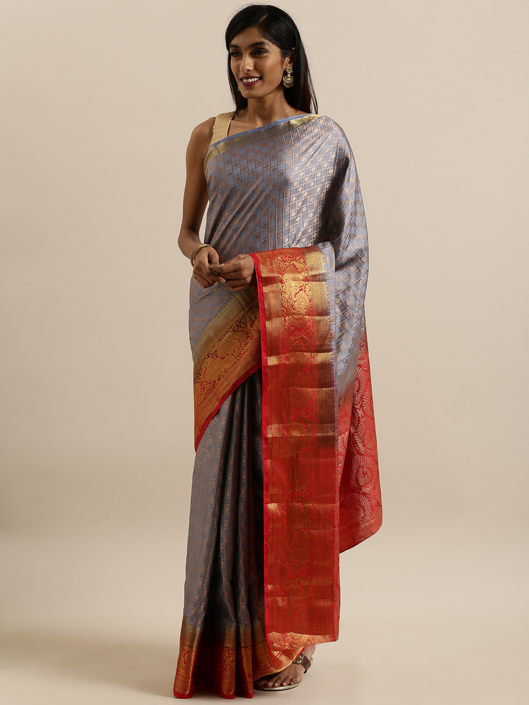 MIMOSA Grey & Red Art Silk Woven Design Kanjeevaram Saree
